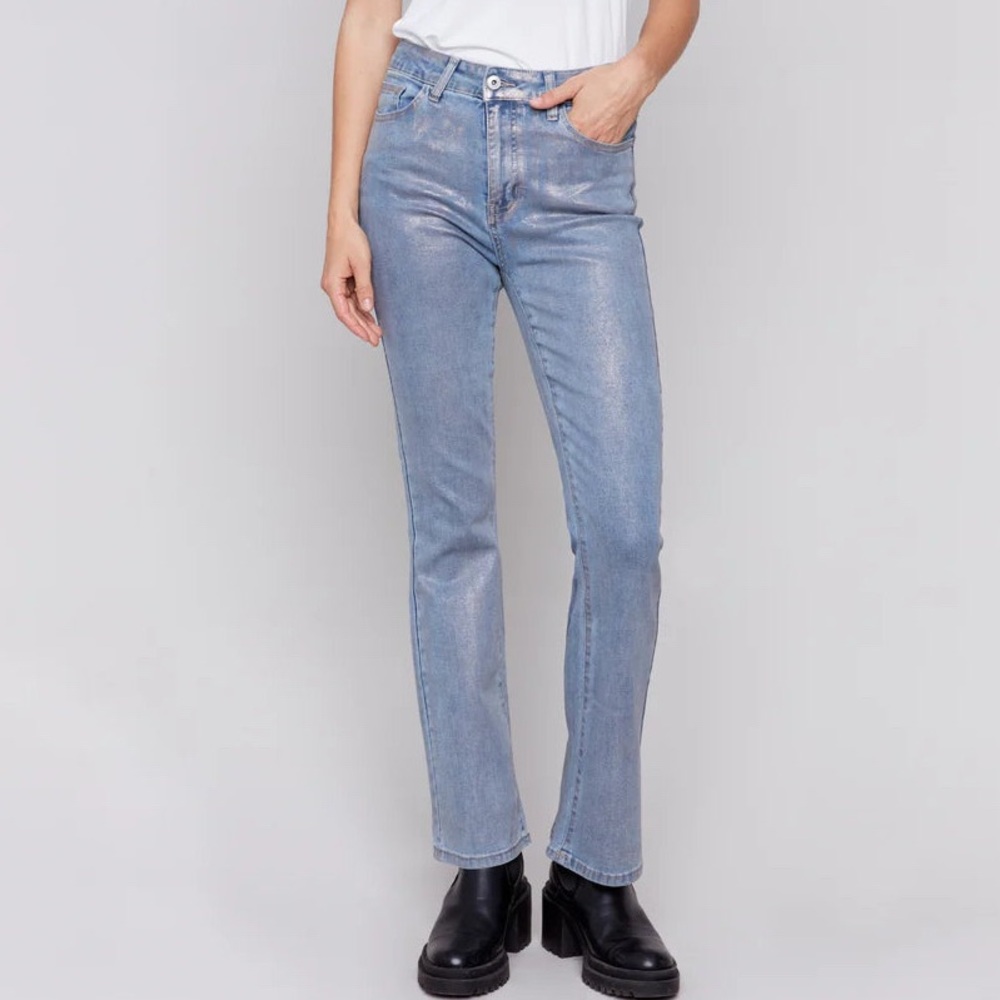 CHARLIE B Women's Bleu Argent Silver Blue Foiled Jeans Mid Rise Boot Size 14 NEW